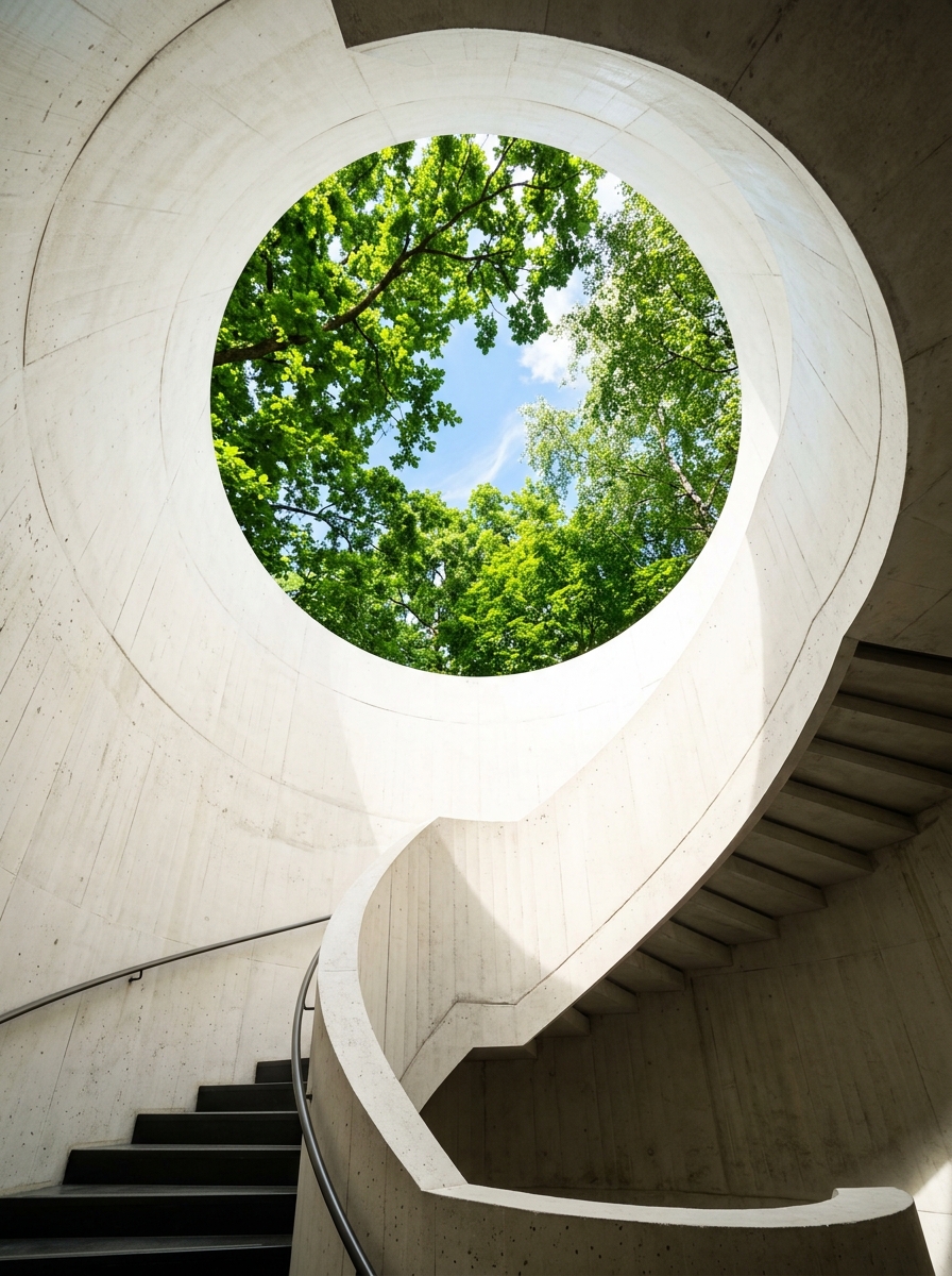 Minimalist circular architectural opening with tree canopy